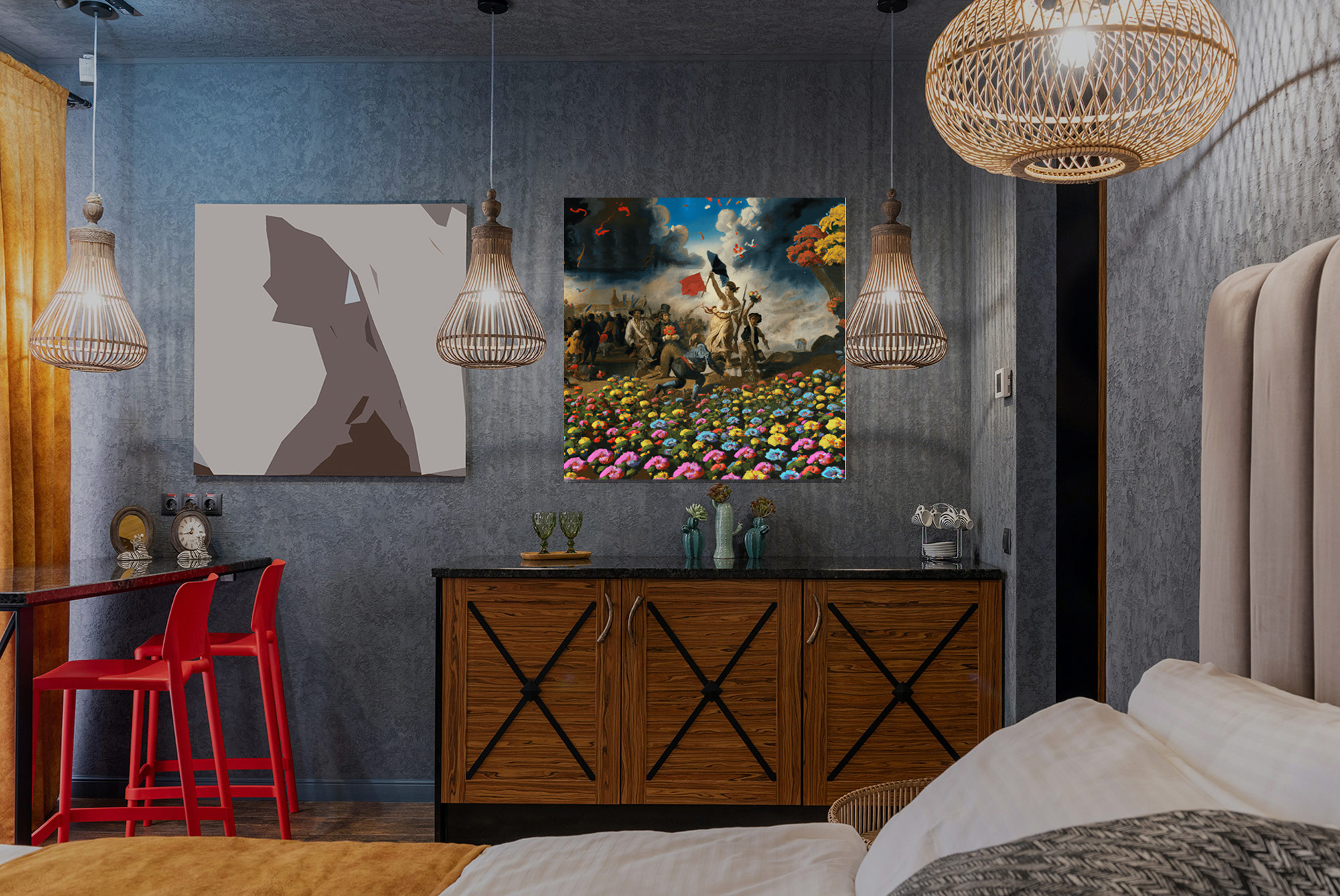 Une chambre avec un tableau au mur