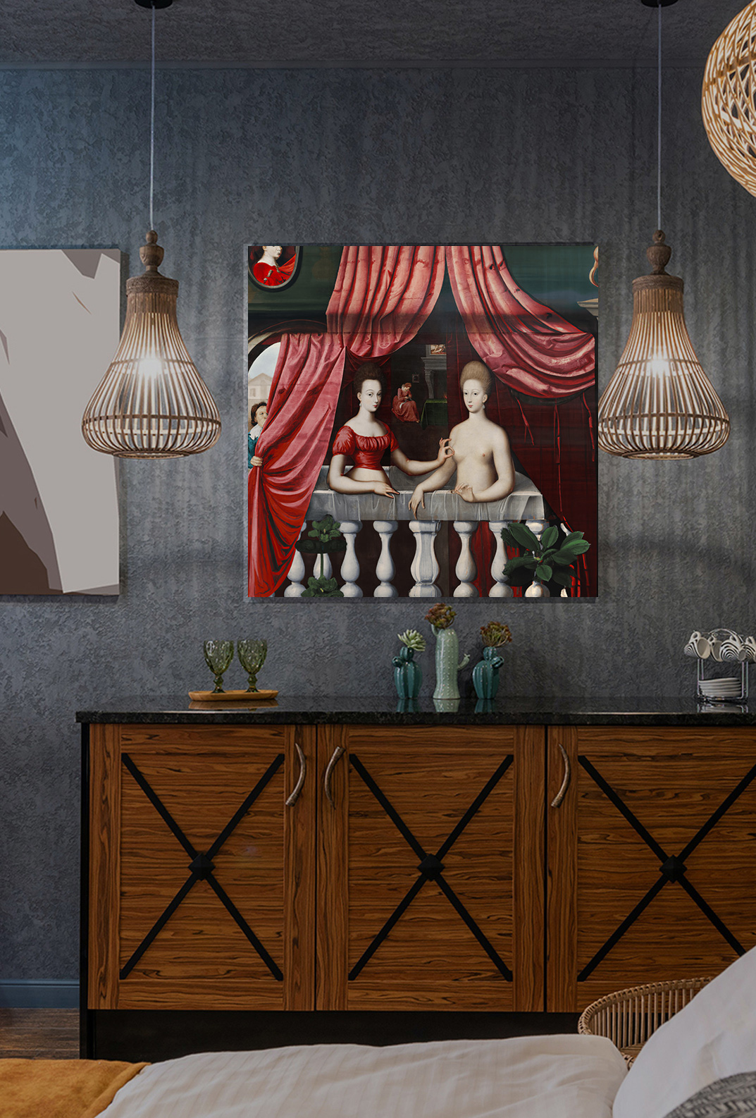 Une chambre avec un tableau au mur