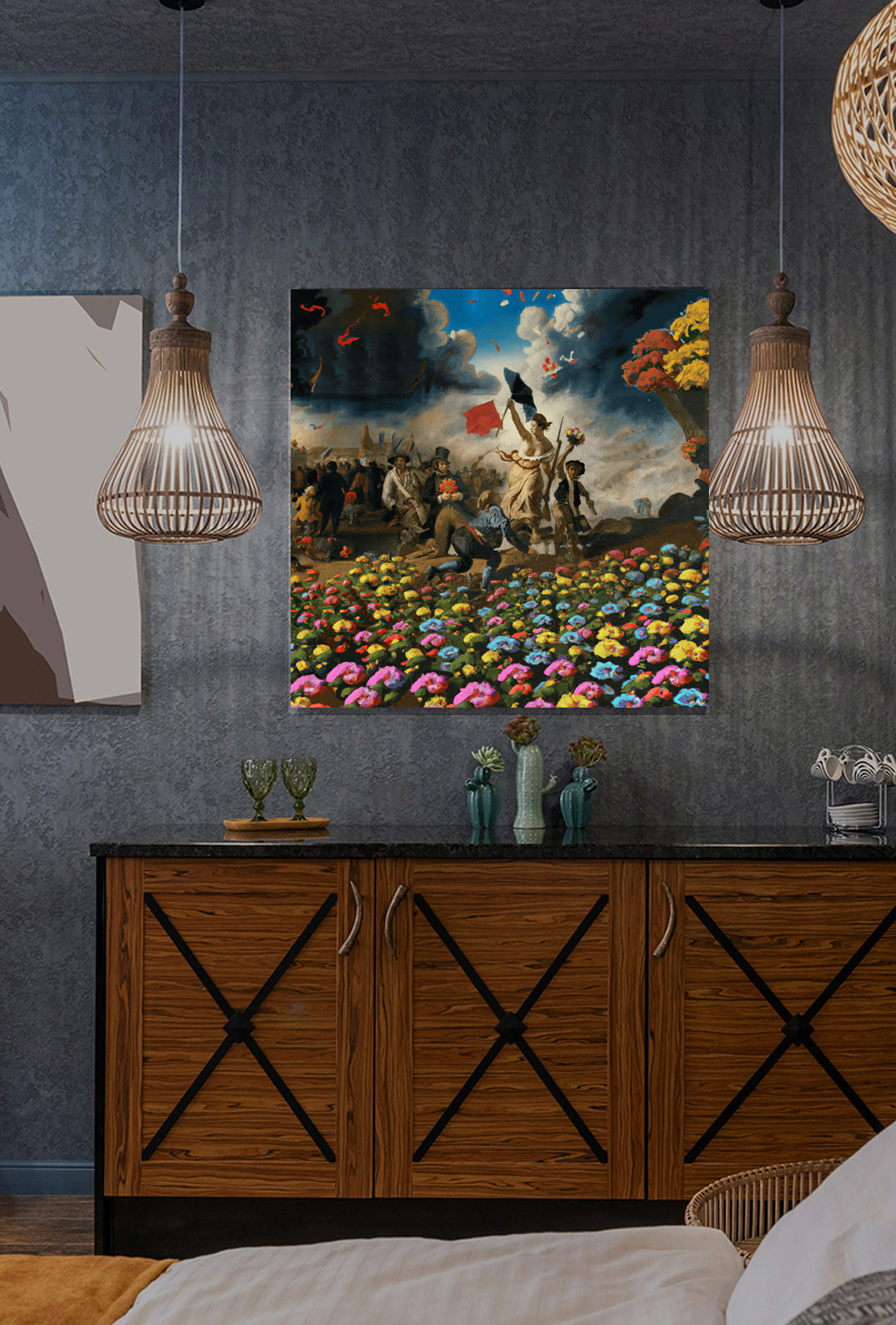Un salon avec un tableau au mur